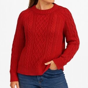 GAP Vibrant Cherry Red Fisherman Cable Knit Crewneck Chunky Cotton Knit Sweater